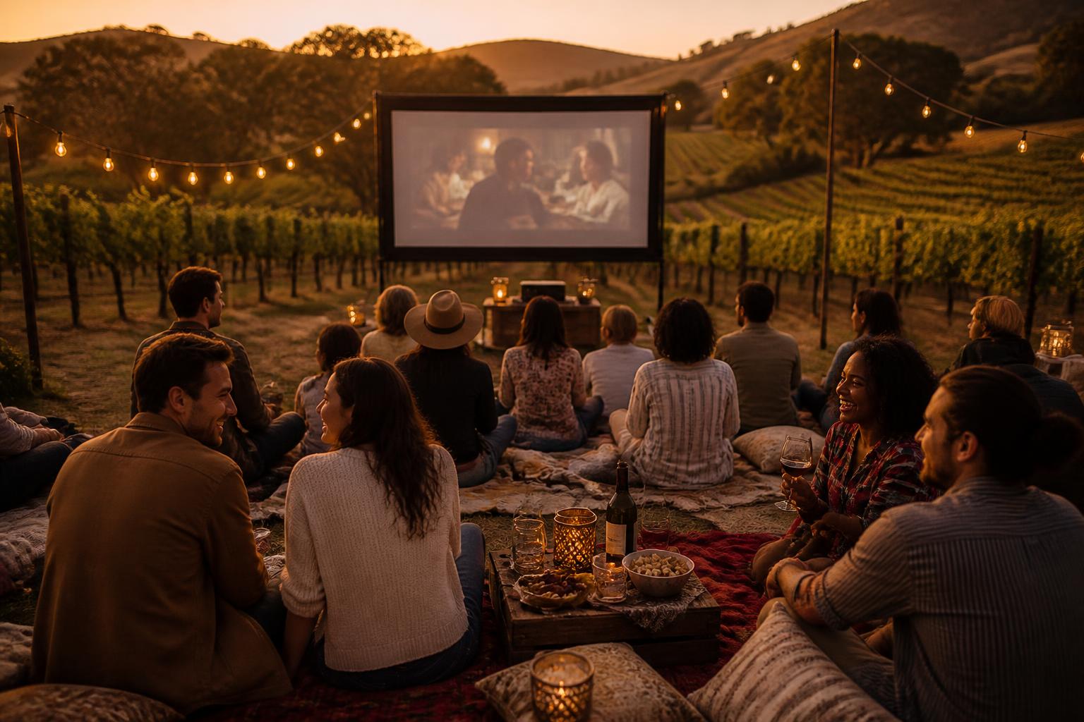 Friends at an outdoor movie screening in wine country